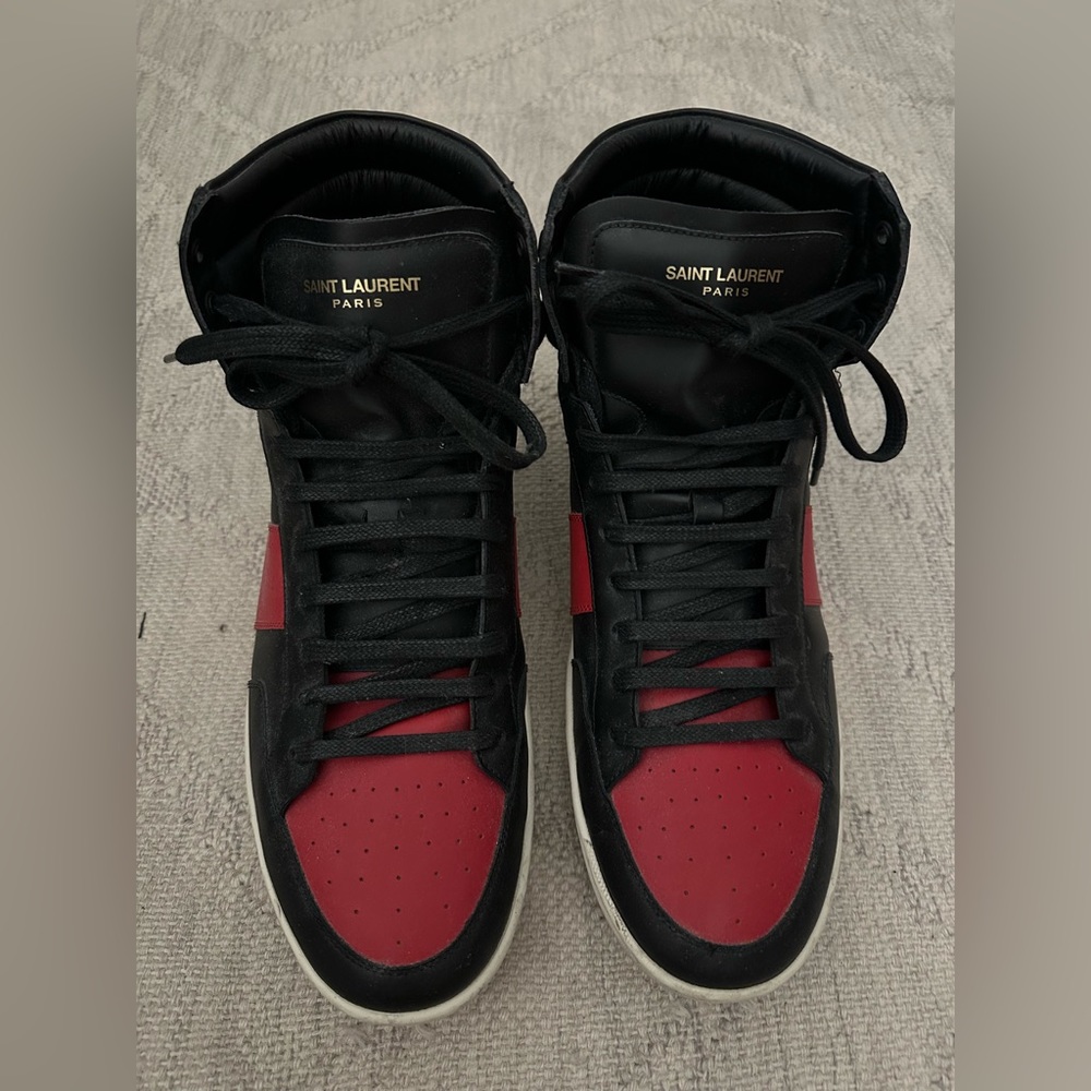 Saint Laurent SL/10H Signature Men’s Court Classic High-Top Sneakers Black-Red - Picture 8 of 12